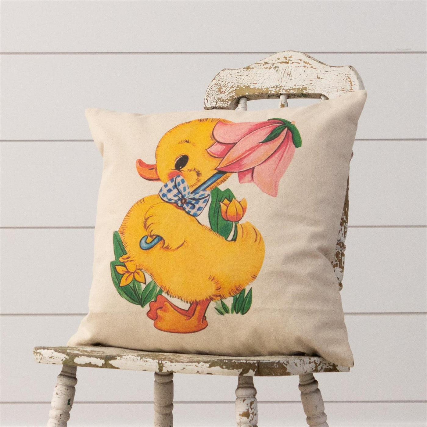 Retro Duck with Spring Flowers 18" Accent Pillow