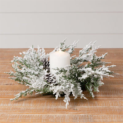 White Flocked Evergreens With Pinecones 12" Small Faux Ring