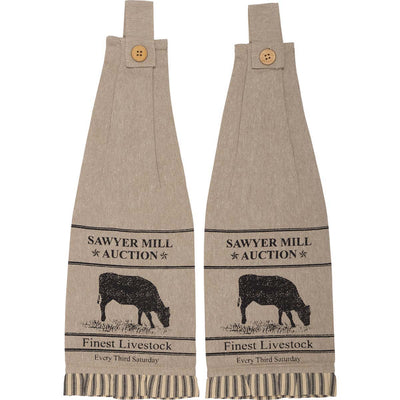 Set of 2 Sawyer Mill Charcoal Cow Button Loop Tea Towel