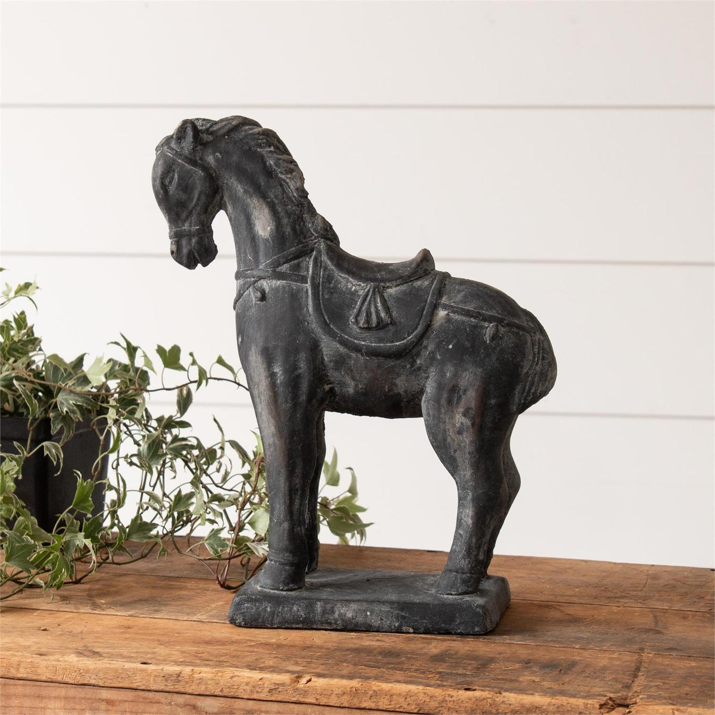 Black Distressed Cement Horse Figure