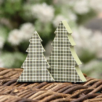 💙 Set of 2 Green Plaid Chunky Trees 3.5" H and 3" H
