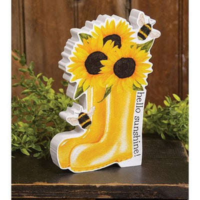 Hello Sunshine Sunflower Boots & Bees Chunky Sitter Sign