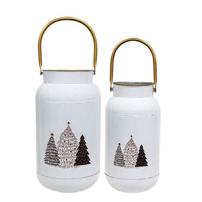 Set of 2 White Milk Cans with Embossed Trees