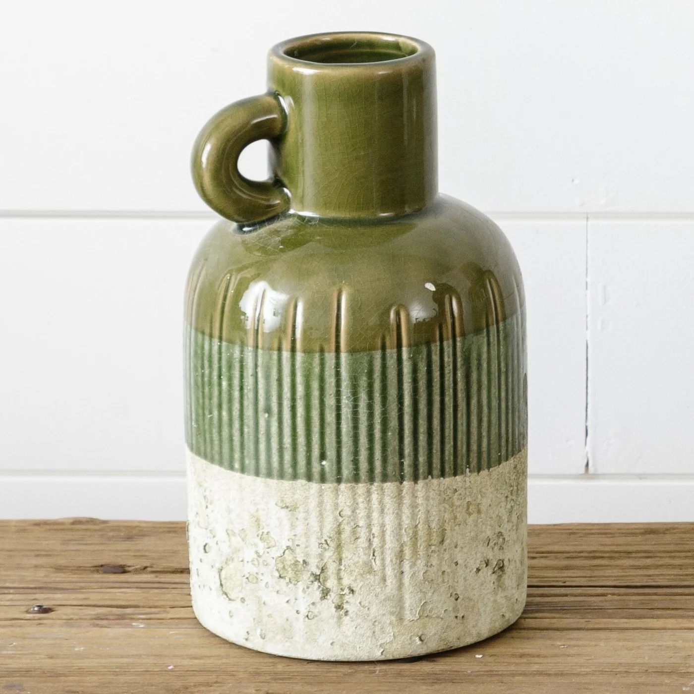 Rustic Green Jug With Distressed Bottom 9" H