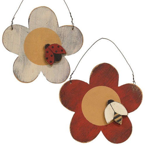 Set of 2 Distressed Wooden Flower & Ladybug and Bee Ornaments