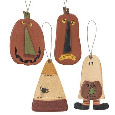 DAY 23 🎃 25 Days of SUMMERWEEN Set of 4 Candy Corn Ghost & Jack Primitive Wood Ornaments