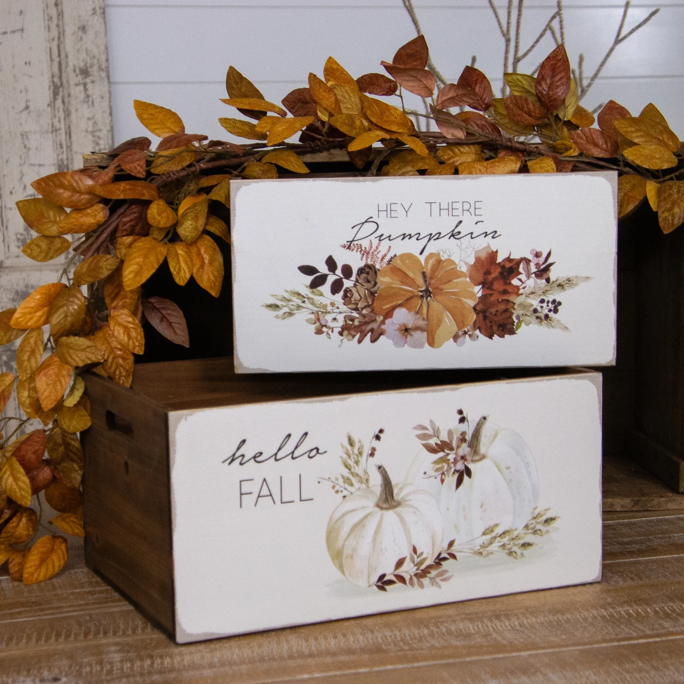 Set of 2 Hello Fall Floral Pumpkins Wooden Crates