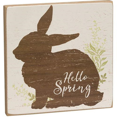 Hello Spring Bunny Silhouette 7" Wooden Block Sign