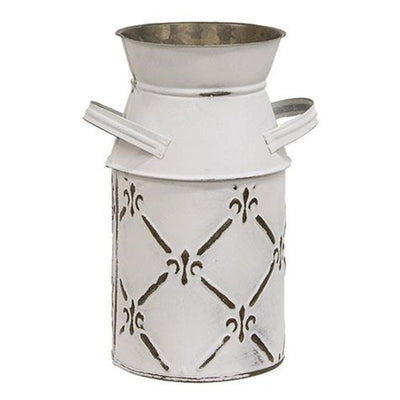 Whitewashed Fleur De Lis 9" Galvanized Milk Can