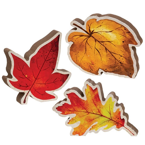 Set of 3 Chunky Wood Fall Leaf Sitter Signs