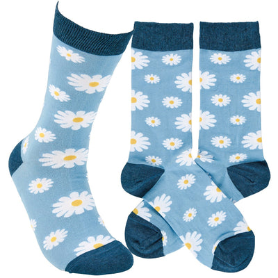 White Daisy on Blue Fun Novelty Socks