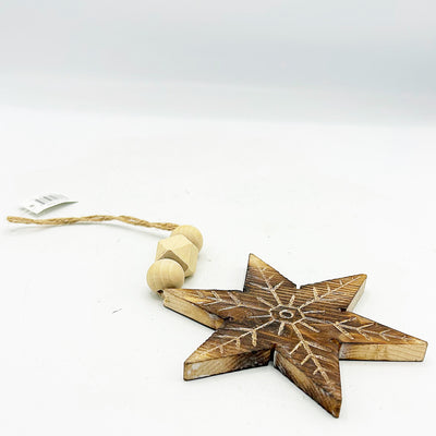 Natural Beaded Distressed Wood Grain Snowflake Ornament