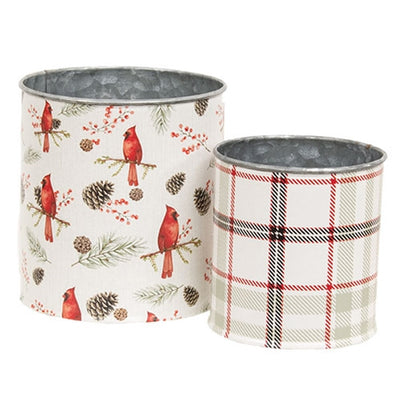 Set of 2 Pine & Plaid Cardinal Little Metal Buckets