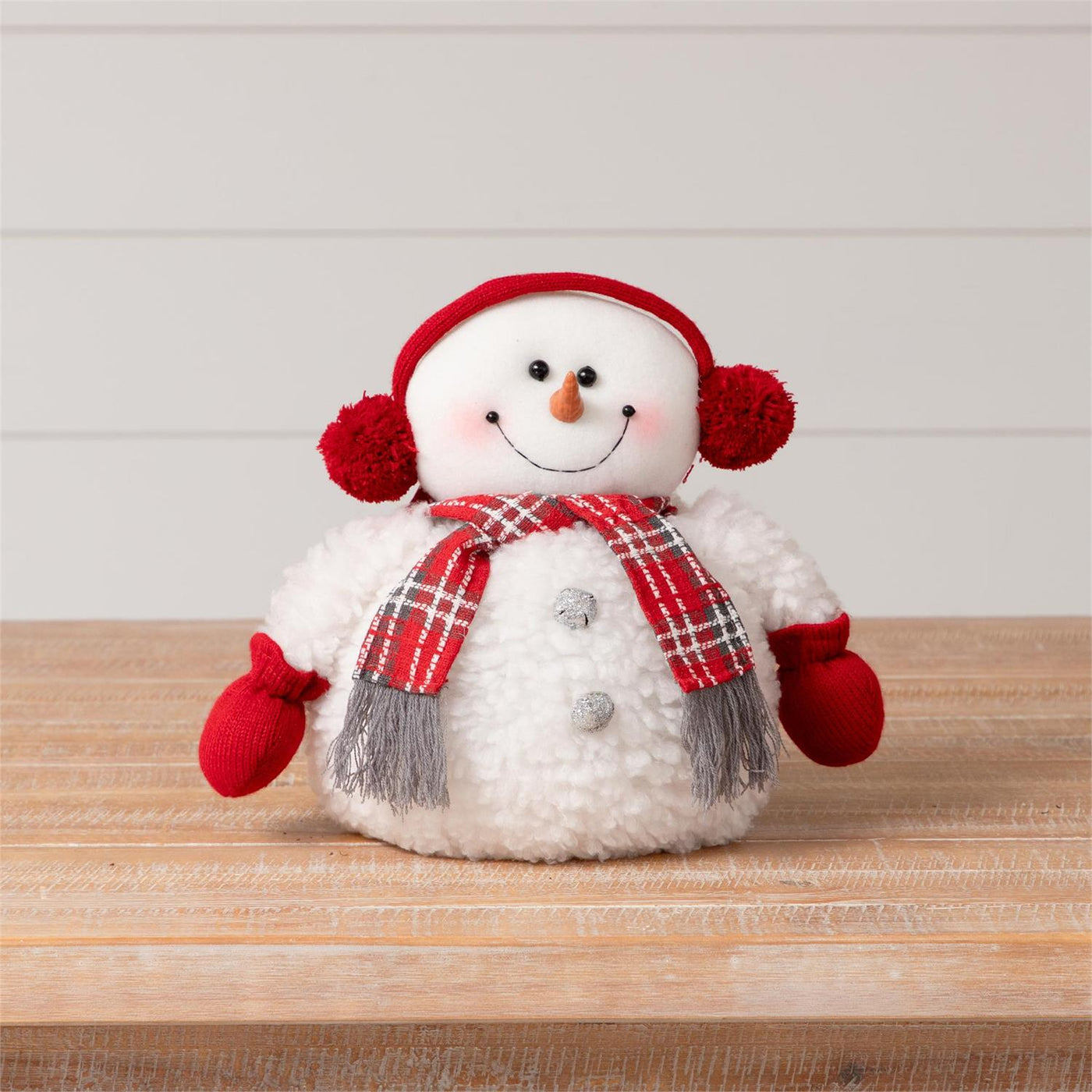 Samuel the Snowman With Red Ear Muffs Fabric Figure 11.5" H