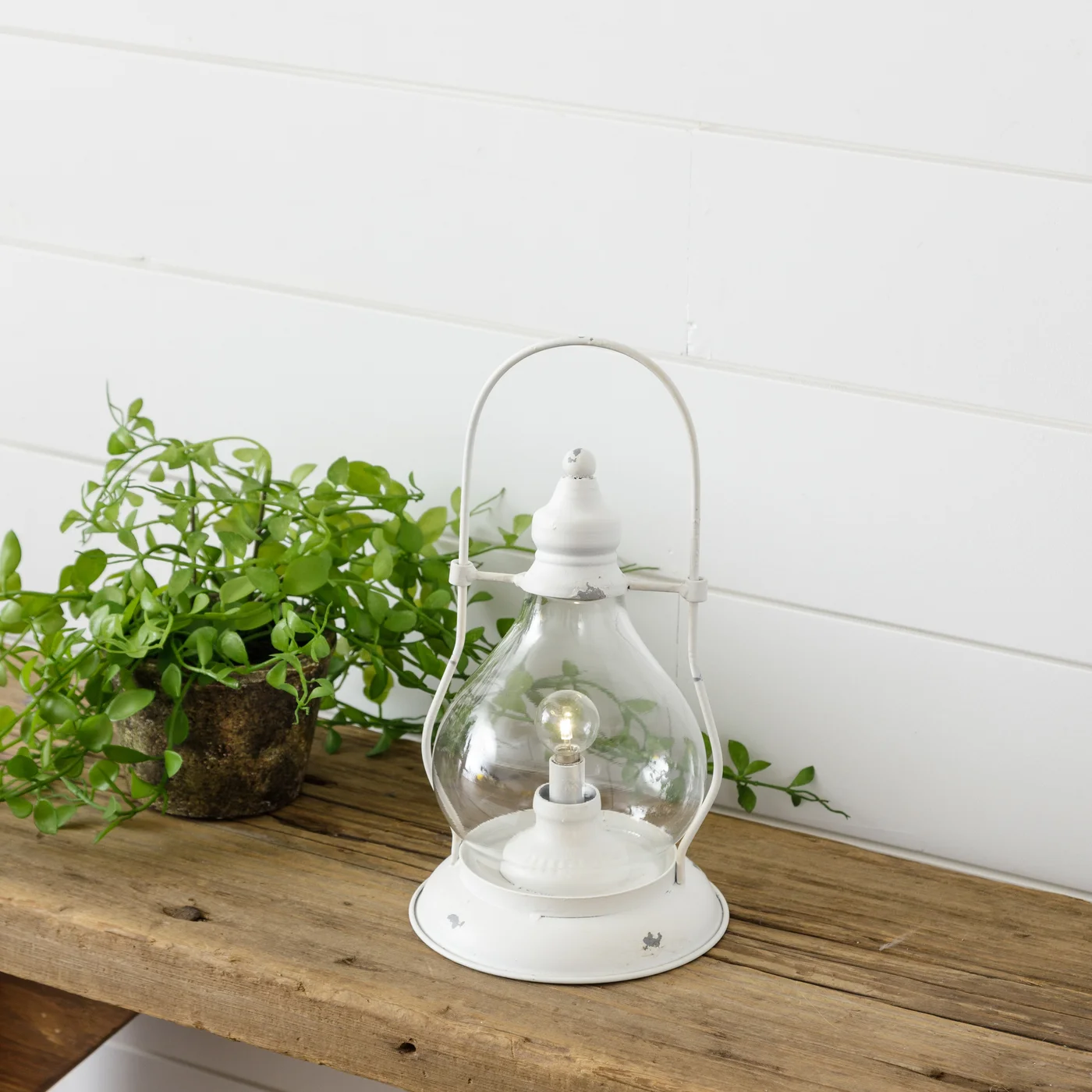 Distressed White Hurricane Lantern Battery Powered Light