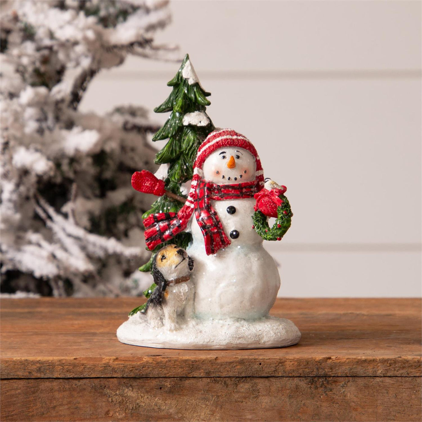 Snowman And Puppy Sparkly Resin Figurine 7.5" H