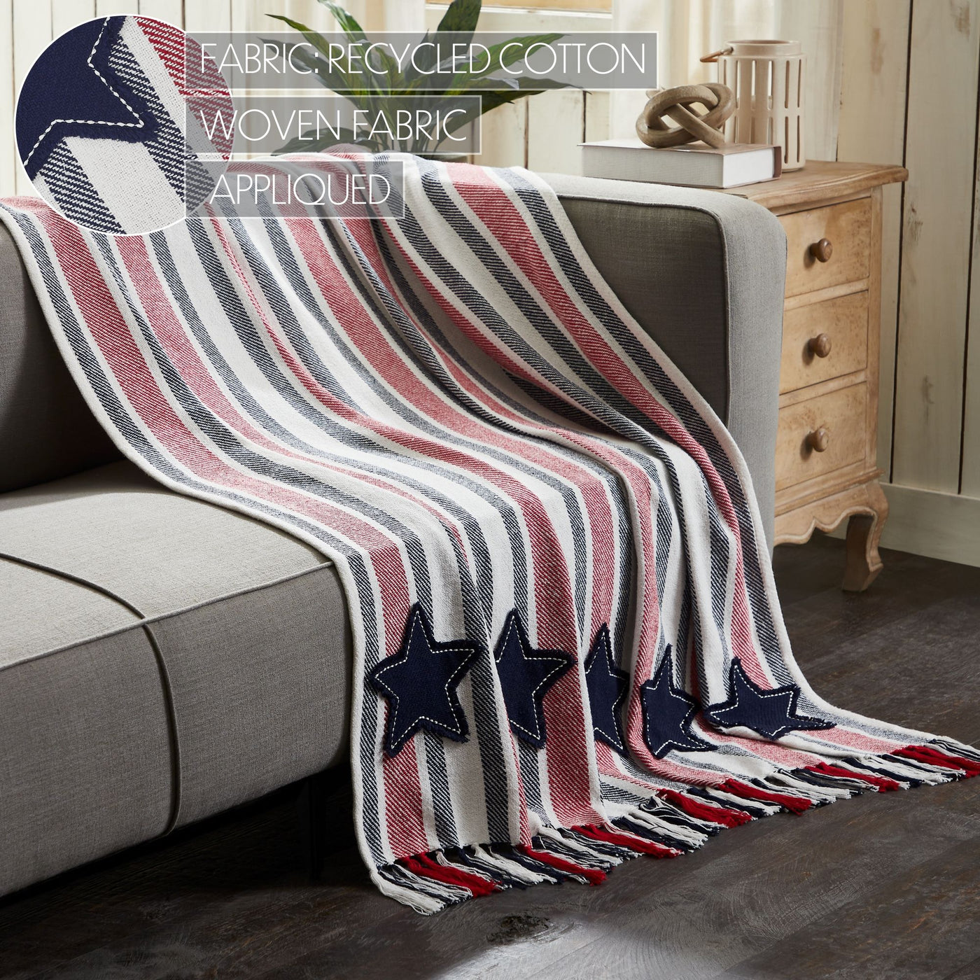 Red and Blue Striped with Blue Stars Woven Throw