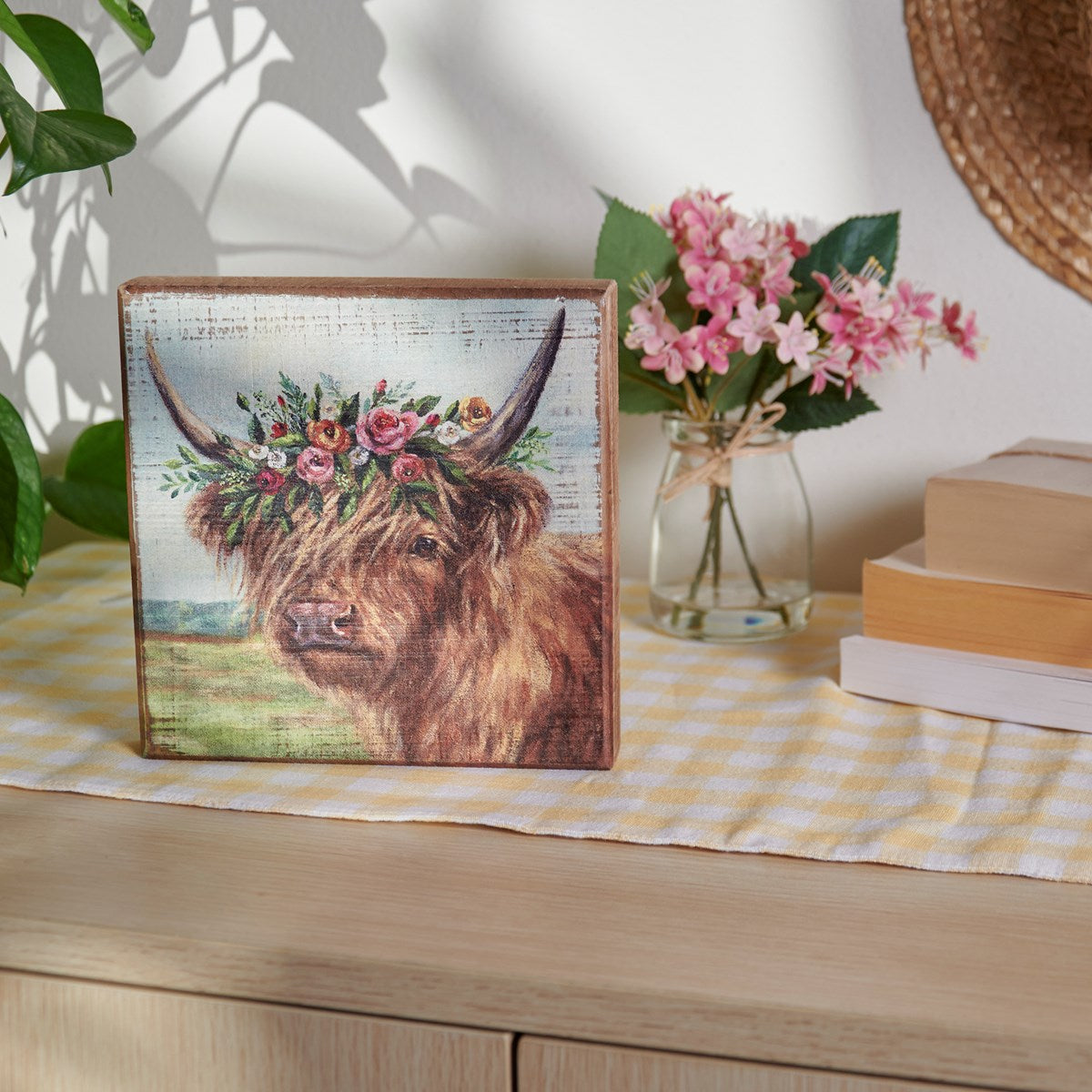 Floral Highland Cow 6" Wooden Block Sign