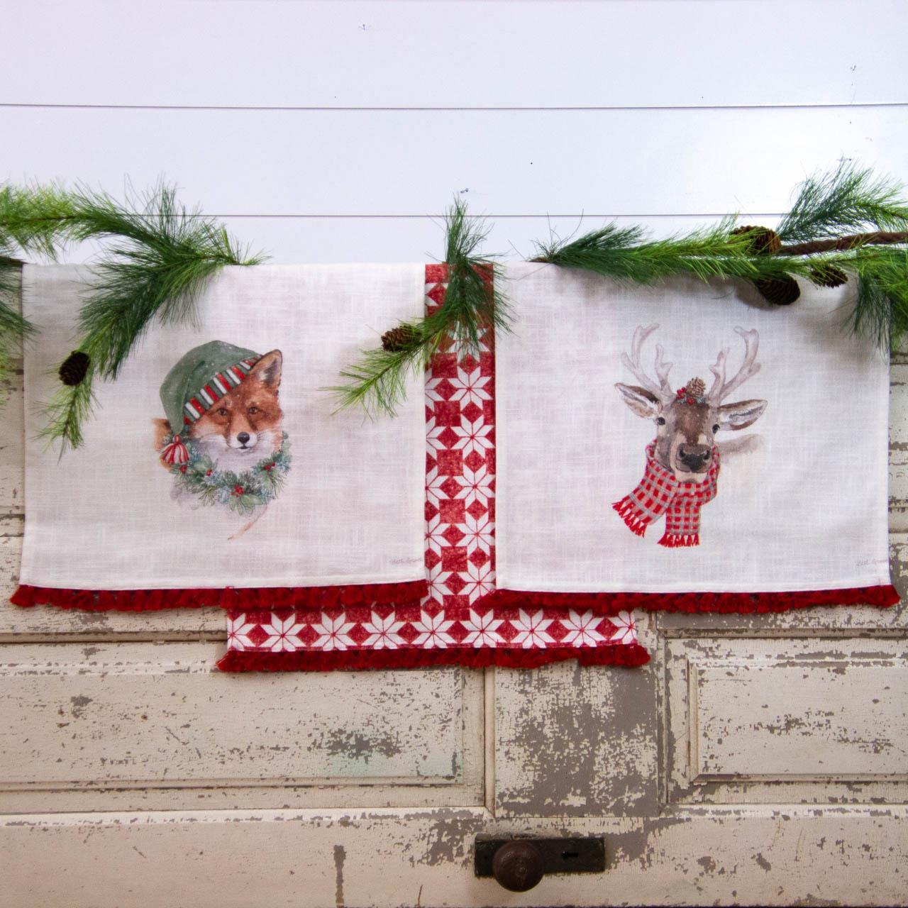 Set of 3 Christmas Kitchen Towels Winter Fox and Deer