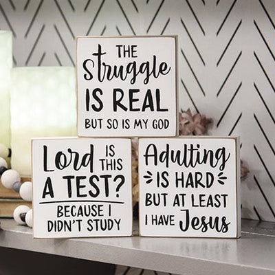 Set of 3 Religious The Struggle Is Real 4" Square Block Signs