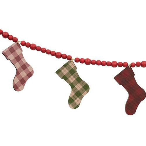 Plaid Stockings & Beads 51" Wooden Christmas Garland