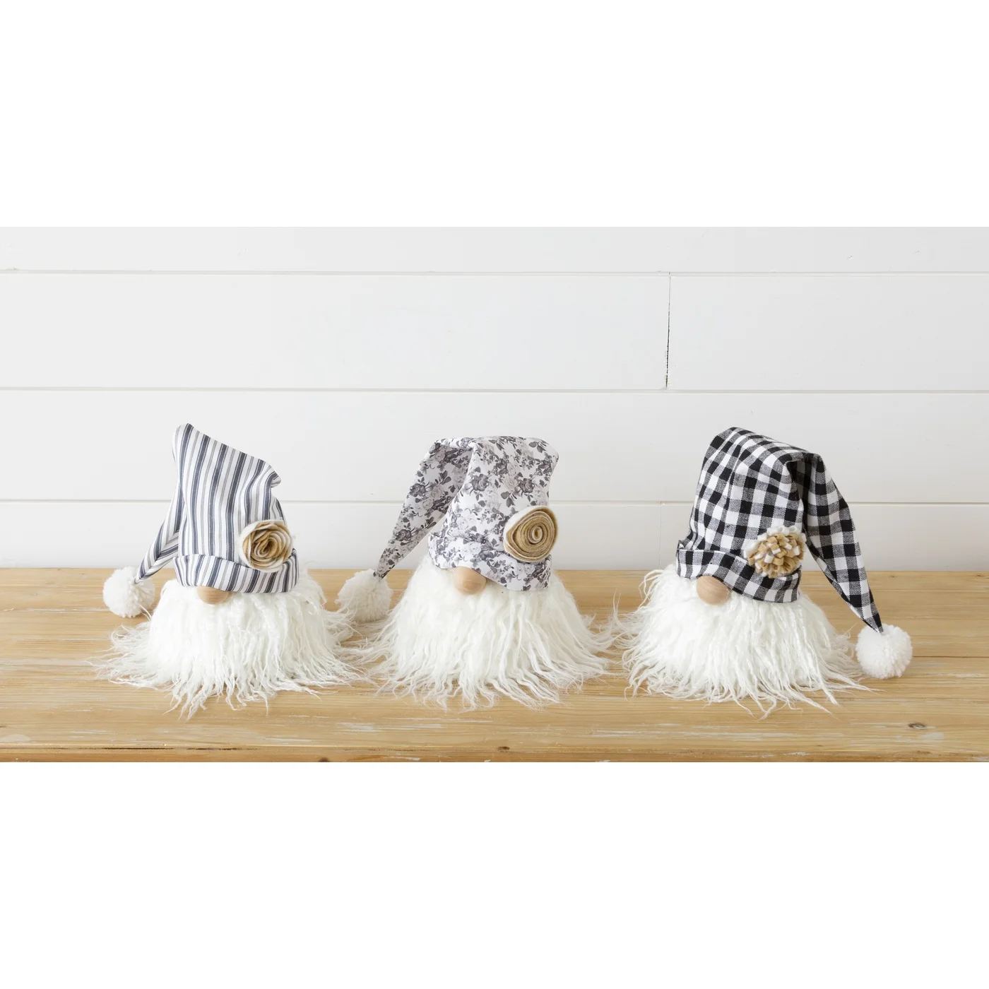 Set of 3 Gnomes With Black And White Pattern Hats