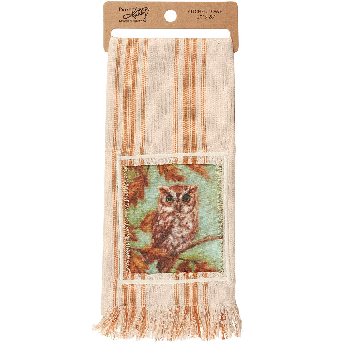 Owl With Fall Leaves Striped Kitchen Towel