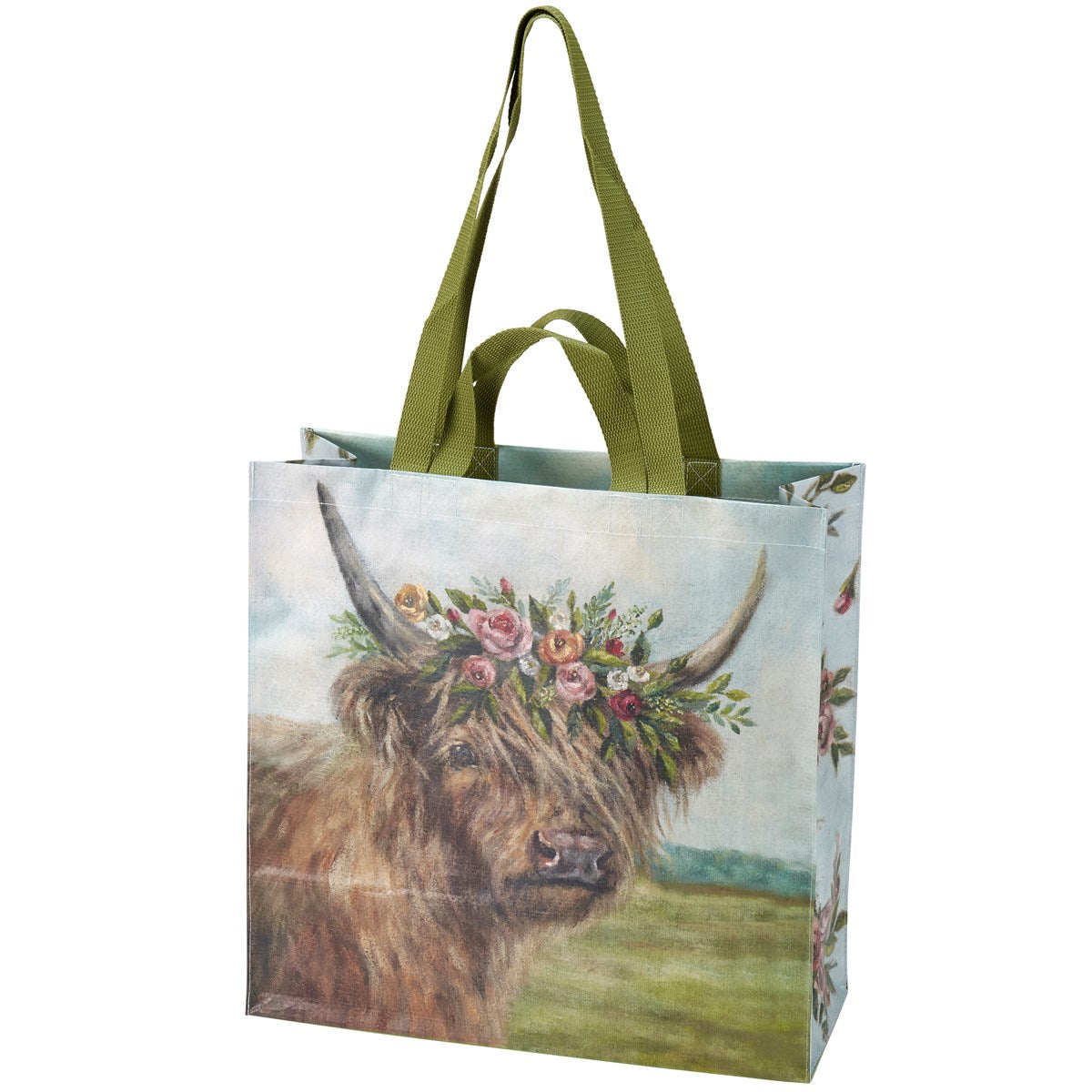 Floral Highland Cow With Floral Wreath Market Tote Bag