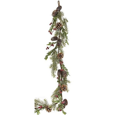 Sparkling Cedar Boxwood and Red Berry 5 ft Faux Evergreen Garland