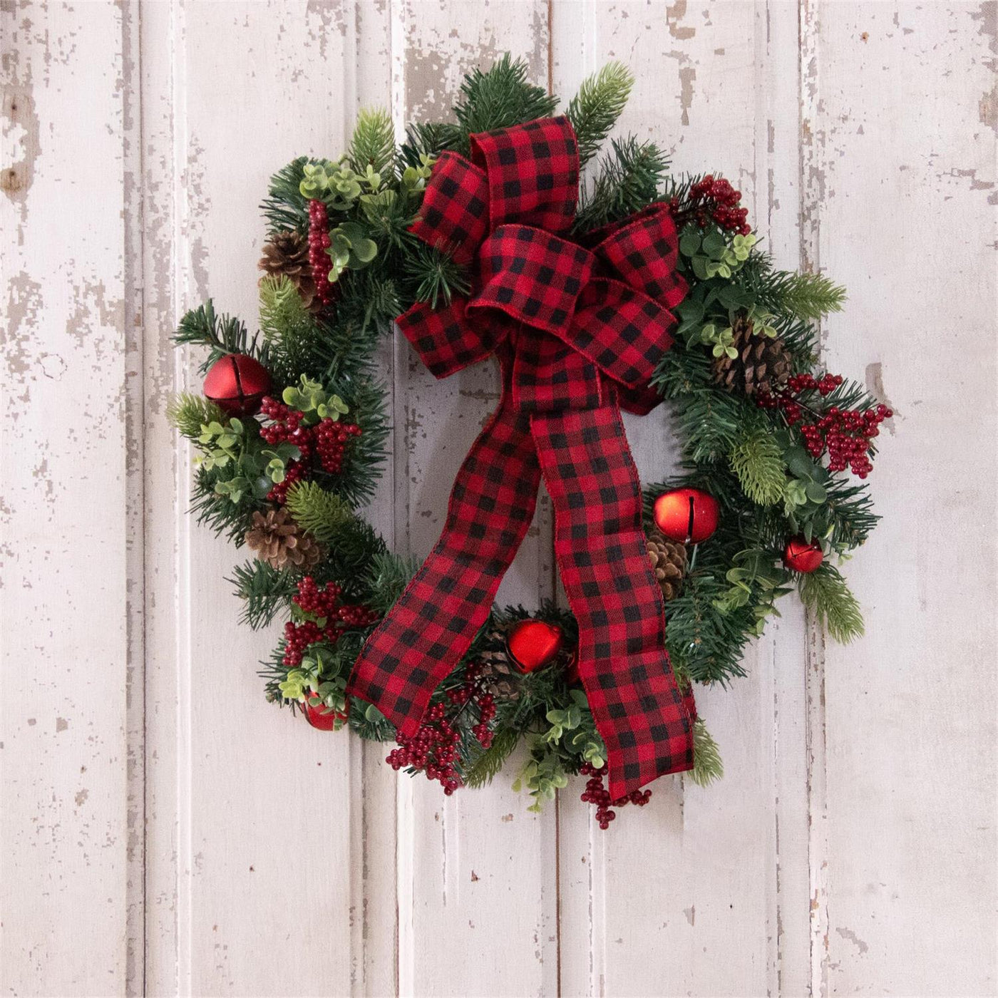 Red Berries and Bells 22" Faux Pine Wreath