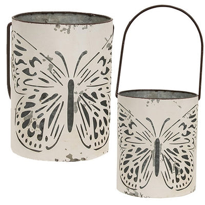 Set of 2 Butterfly Cutout White Metal Buckets