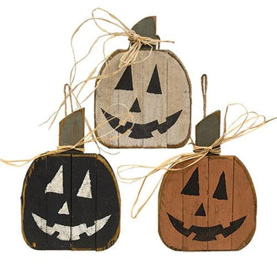 Set of 3 Jack Faced Pumpkins Wooden Lath Hangings