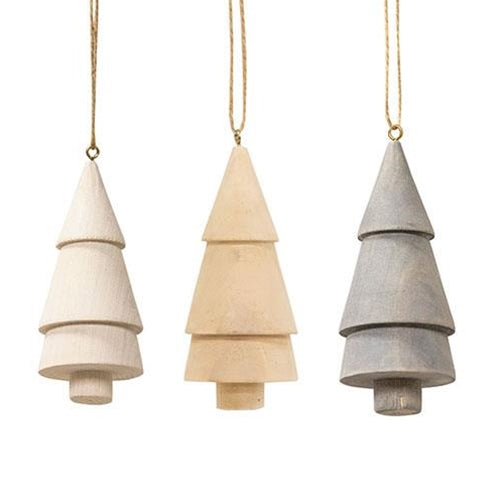 Set of 3 Farmhouse Colored Wooden Christmas Tree 4" Ornament