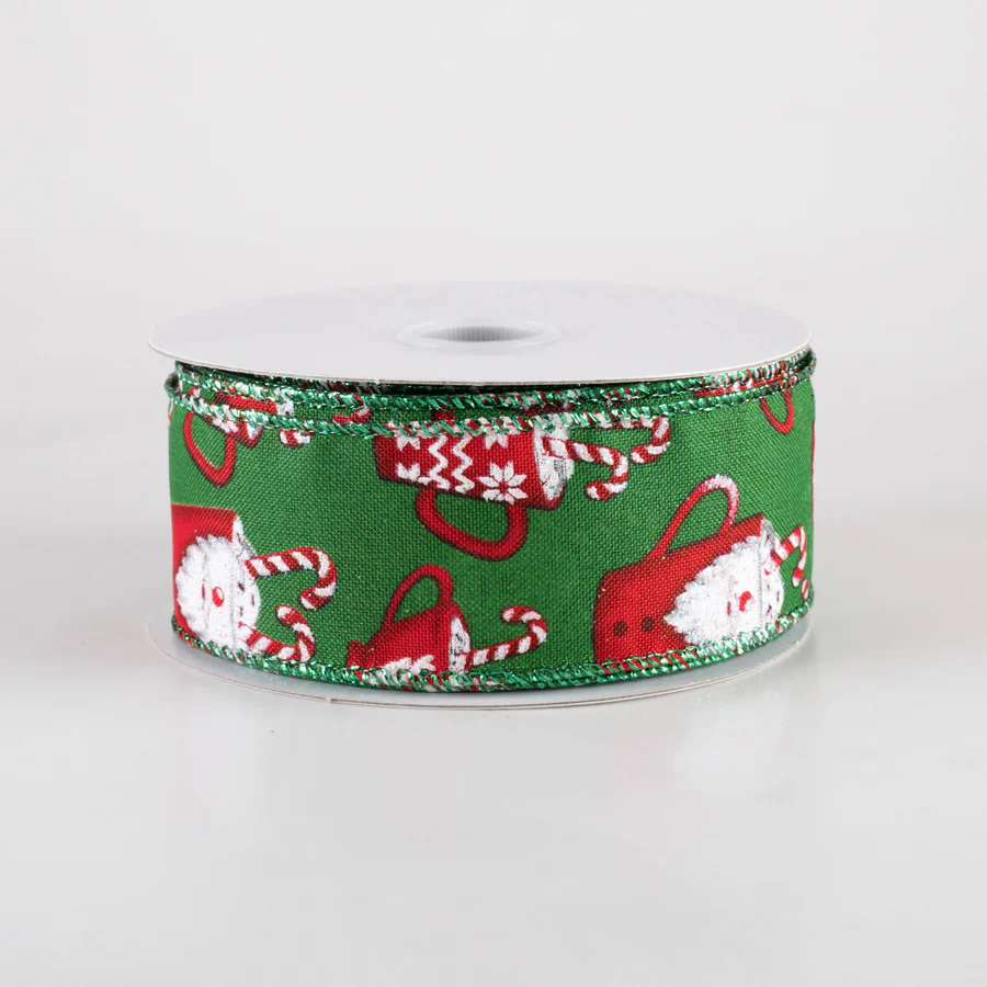 Santa Mug Hot Cocoa Emerald Green Ribbon 1,5" x 10 Yards