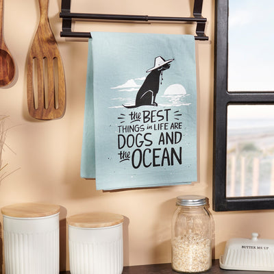 Best Things in Life Are Dogs and the Ocean Kitchen Towel