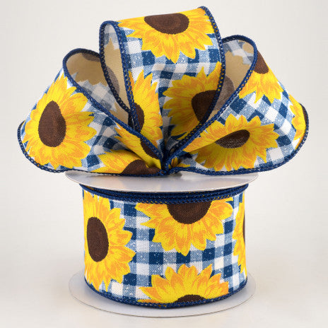 💙 Sunflowers on Blue and White Check Ribbon 2.5" x 10 yards