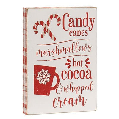 Candy Canes Marshmallows Hot Cocoa 7" Wooden Block Sign