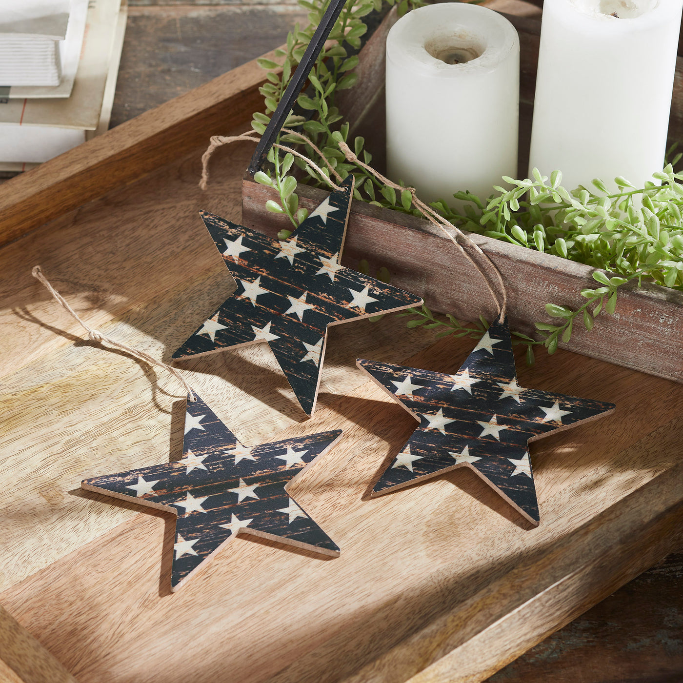 Set of 3 White Stars On Navy Star Ornaments