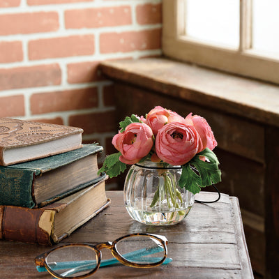 💙 Faux Pink Ranunculus Flowers in Glass Vase