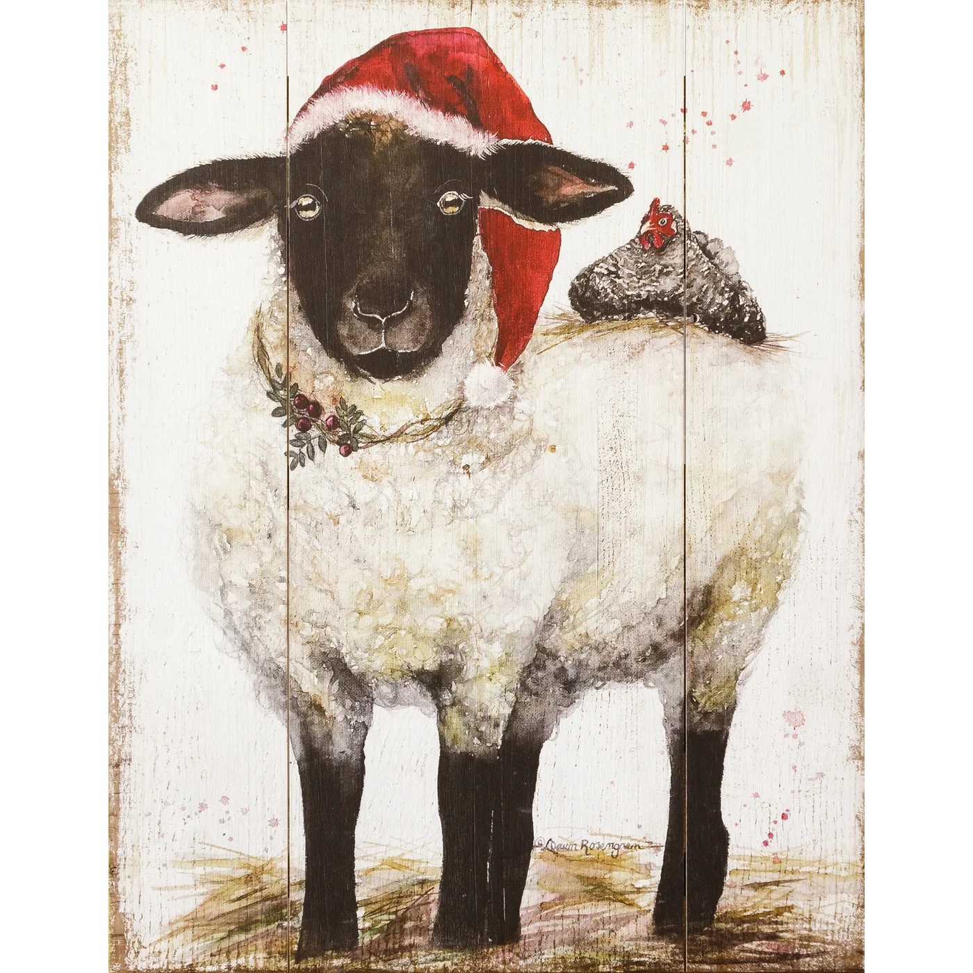 Winter Sheep In Santa Hat 26" Wood Plank Sign