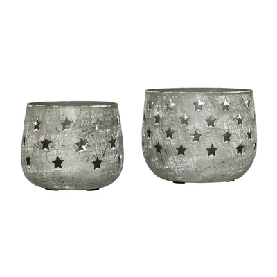 Set of 2 Starbright Distressed Gray Metal Candle Holders