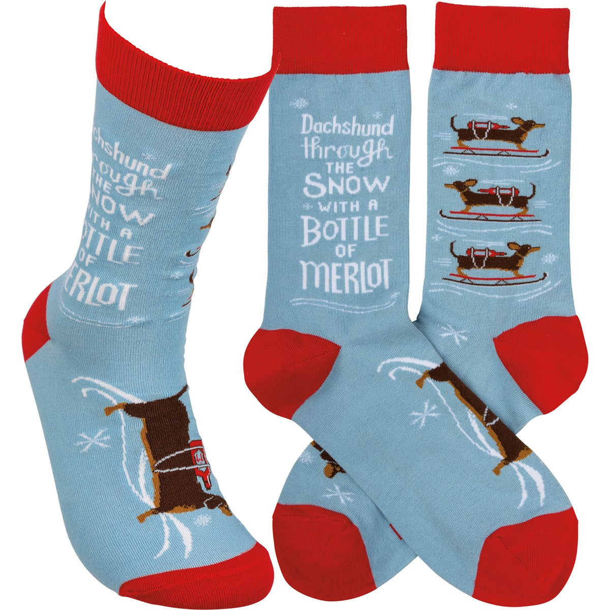 💙 Dachshund Through The Snow With A Bottle Of Merlot Novelty Socks