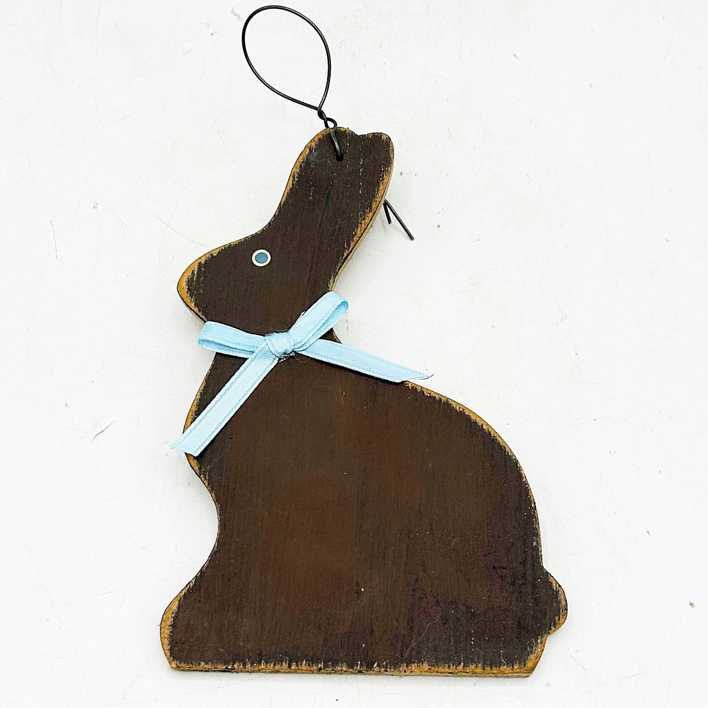 Wooden Chocolate-Look Bunny with Blue Bow Ornament