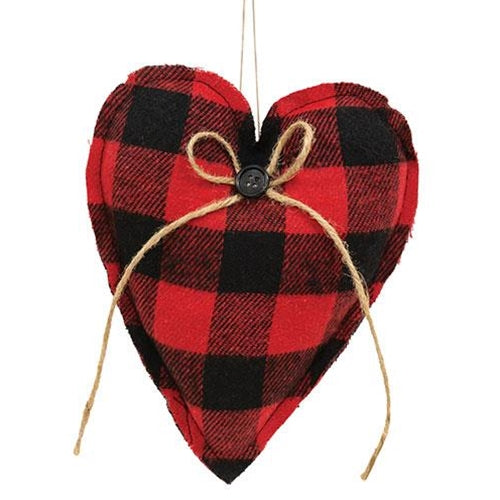 Red & Black Stuffed Buffalo Check Heart Ornament