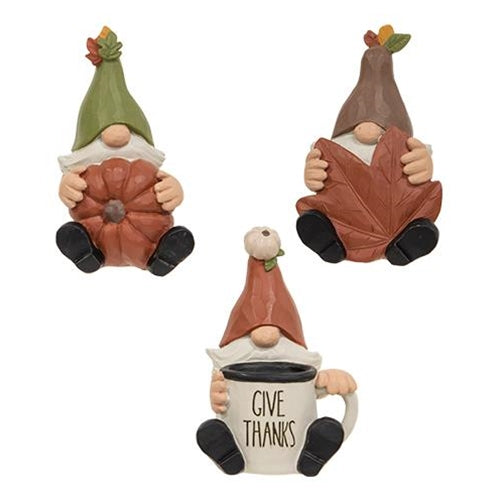 Set of 3 Sitting Gnome Fall Give Thanks Small Resin Figures