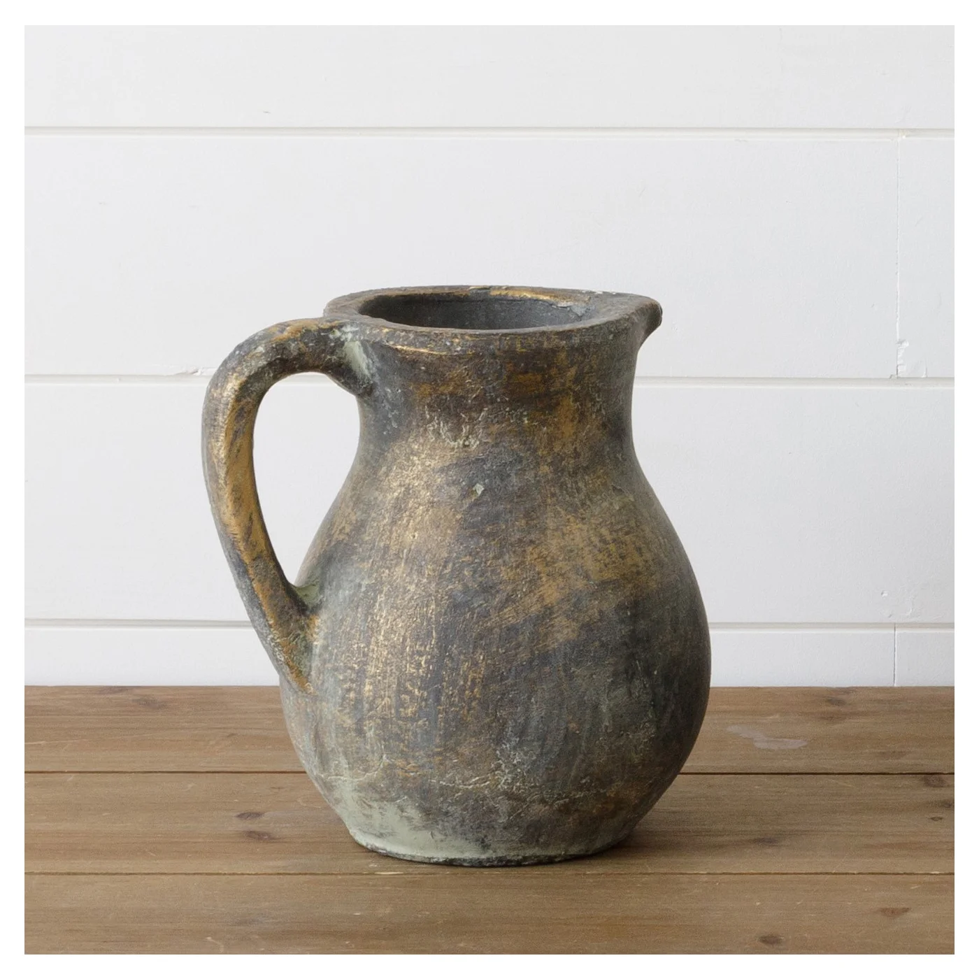 Rustic Terracotta Pitcher Distressed Black With Gold 9" H