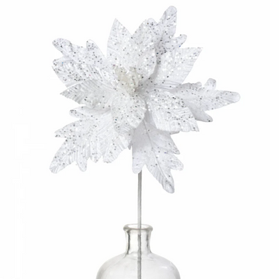 🎄Whte Glittered Poinsettia 19" Faux Floral Stem