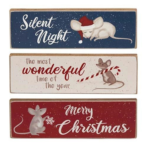 Set of 3 Silent Night Christmas Mouse Wooden Skinny Blocks