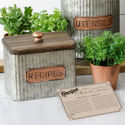 Recipe Card Holder Rustic Corrugated Metal and Wood Lid