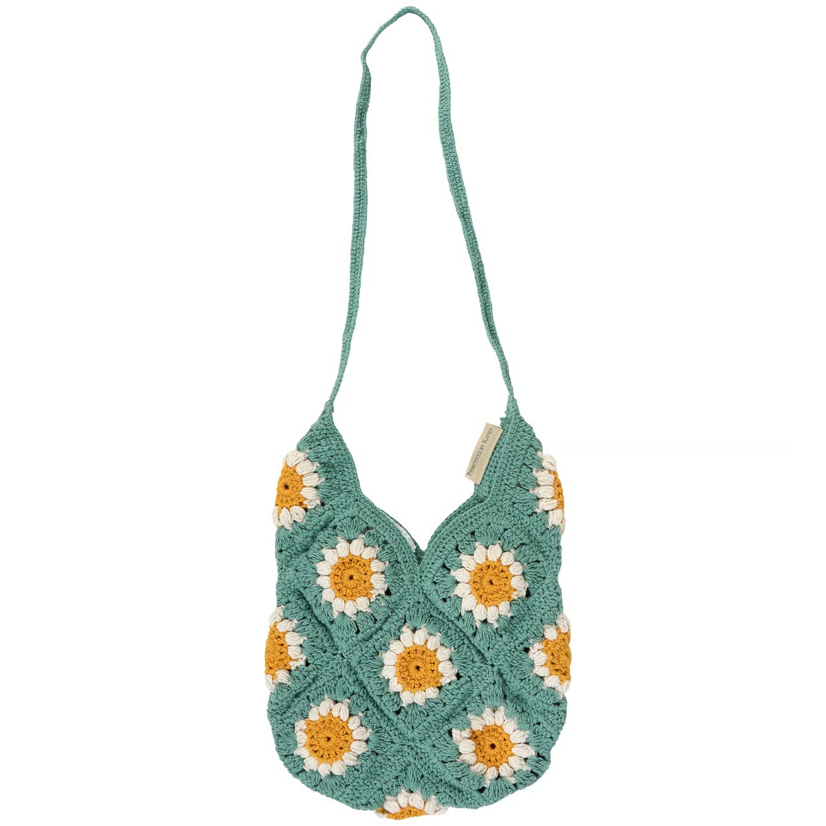 Boho Teal Crochet Shoulder Bag with Daisy Pattern